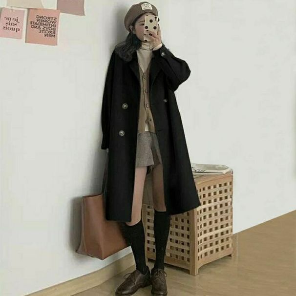 Elegant Tweed Coat For Women - Classic Long Sleeve Double Breasted Overcoat With Pockets, Loose Fit Mid-Length Winter Coat In Black & Camel_ecoleips.com