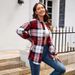 Women's Grid-Print Shirt Jacket With Long Sleeves, Flipped Collar, Pockets, And Rear Pleats_ecoleips.com