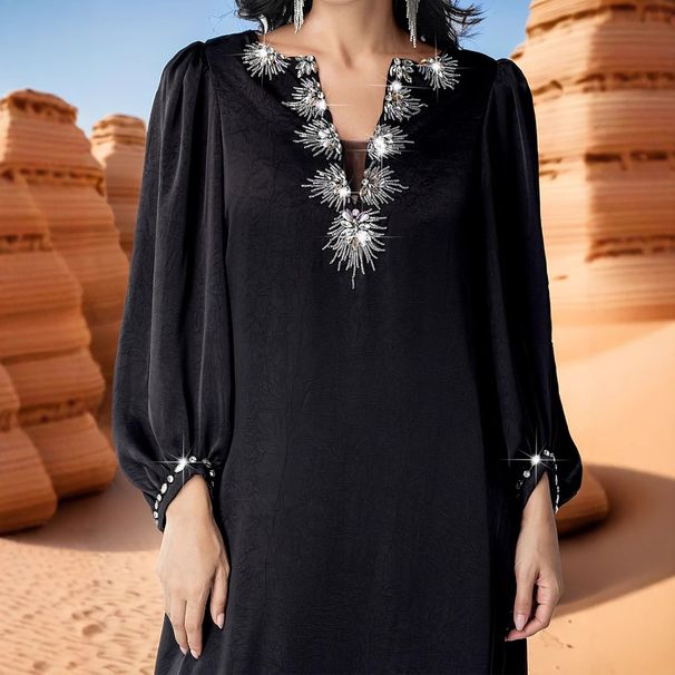 Women's Clothing Hand Sewn Diamond Robe New Muslim Long Skirt Elegant Long Sleeve Dress Evening Dress_ecoleips.com