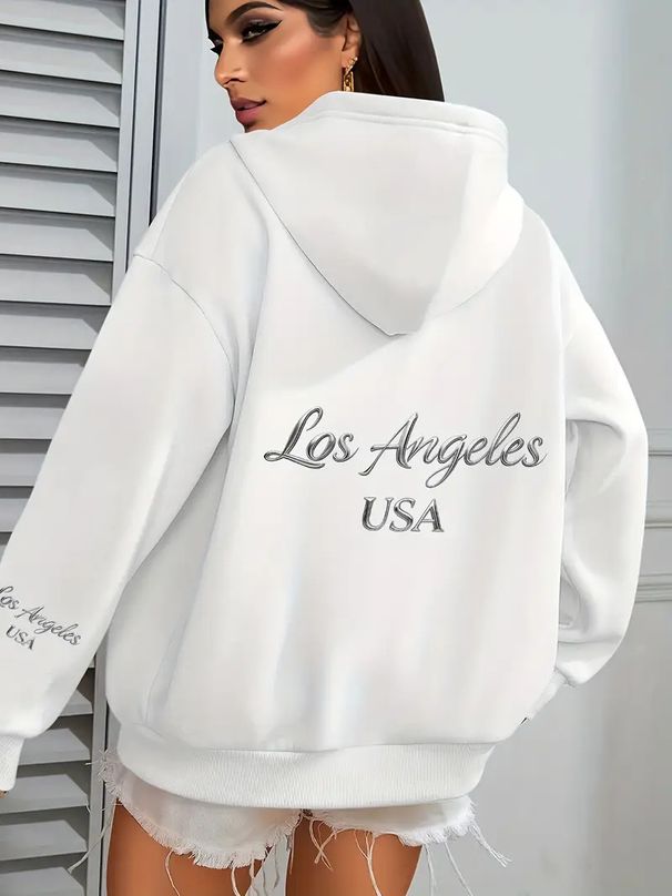 Women's European American Style Letter Print Hooded Sweatshirt Zip Up Casual Fashion Jacket Autumn Winter_ecoleips.com