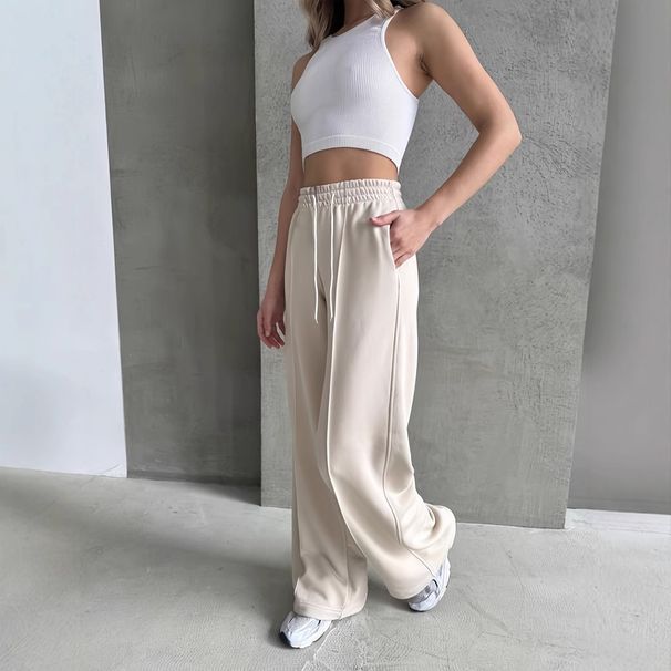 Pure Color Casual Utility Pants Women's Drawstring Waist Loose-Fit Straight Leg Trousers for Spring Autumn Daily Wear_ecoleips.com