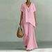 Women's Clothing Women's Cotton Linen V Neck Short Sleeve Top And Wide Leg Pants Set Fashionable Loose Fit Style_ecoleips.com