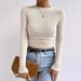 Autumn Women's Solid Knit Pleated Side Long Sleeve T-Shirt Long Sleeves Solid Slim Tees All Match Basic Tops Undershirt_ecoleips.com
