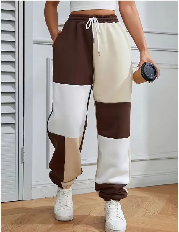 Women's Cross Border European And American Style Color Blocked Jogger Sweatpants, High Waisted Casual Pants With Drawstring, Loose Fitting Sporty Style._ecoleips.com