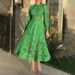 Women's Clothing Long Sleeved Dress Female Waist Embroidery Medium Length Green Skirt_ecoleips.com