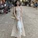 French Style White Floral Strap For Women, Summer Gorgeous Mini Dress, Waist-Cinching Slimming Beach Vacation Long Dress_ecoleips.com