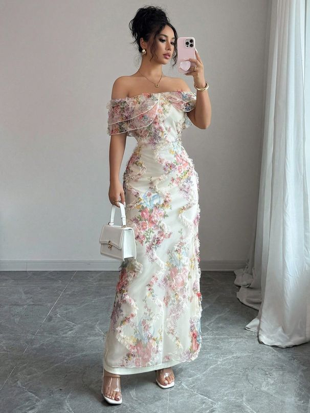 Voya Recommend! Ladies' Elegant And Romantic Ruffle Edge Off Shoulder Cinched Tight Mesh Floral Dress_ecoleips.com