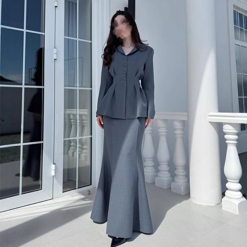 Elegant Women's Tailored Fish Tail Skirt Set - Stylish High Waist Office Dress With Blouse, Comfortable Polyester, Autumn Workwear_ecoleips.com