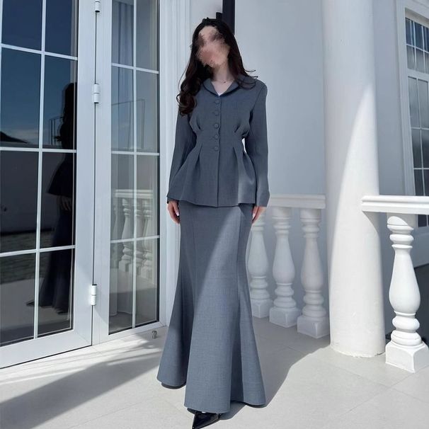 Elegant Women's Tailored Fish Tail Skirt Set - Stylish High Waist Office Dress With Blouse, Comfortable Polyester, Autumn Workwear_ecoleips.com