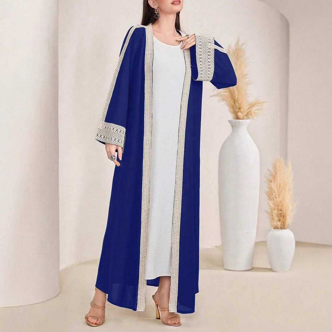 Elegant Muslim Abaya Dress With Lace Trim – Modest Long Sleeve Maxi Dress For Women (Blue) | Flowy Polyester Chiffon Prayer Dress_ecoleips.com