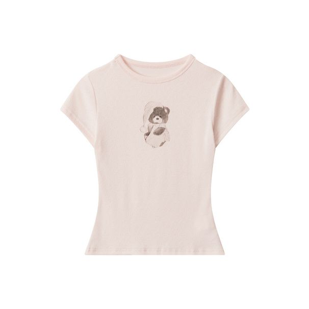 HeyHenry Women's Slim Fit T-Shirt Bear Print Short Sleeve Double-Stitched Neckline Casual Cropped Top for Daily Wear_ecoleips.com