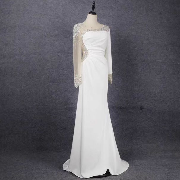 Women's Dignified White Long Sleeved Evening Gown Casual Sophisticated Charm for Year End Party Or Performance_ecoleips.com
