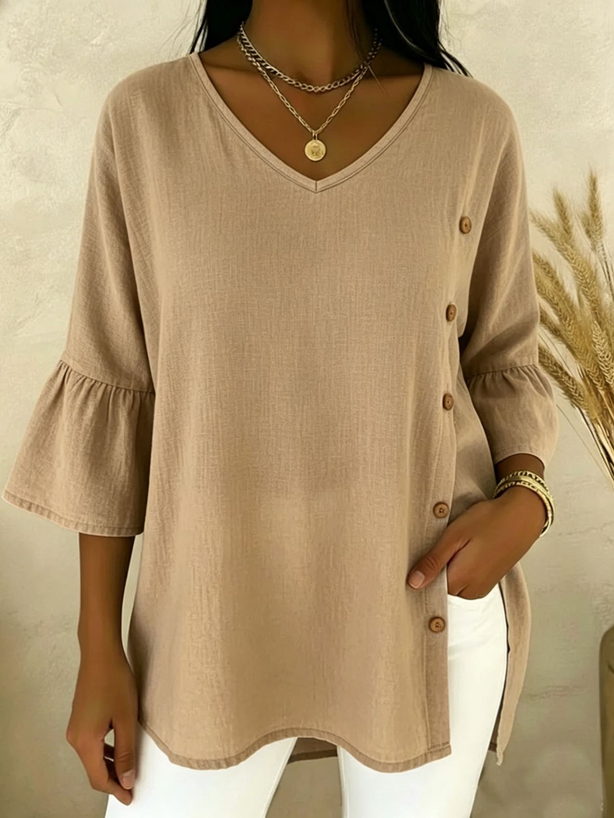 Women's V Neck Button Down Shirt Loose Fit Comfortable Solid Color Cotton Linen Blend New Arrival From Europe & America 2026_ecoleips.com