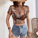 European And American Cross-border 2026 New Mesh Printed Ruffle Short-sleeve T-shirt Slim-fit Top For Women_ecoleips.com