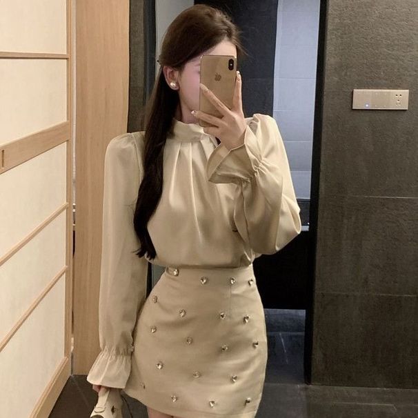 Satin Shirt French-style High-end Suit For Women, Spring Rhinestone Bodycon Mini Skirt, Elegant Lady Two-piece Set_ecoleips.com