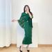 Miyake Women's Pleated V Neck Dress Elegant High End Loose Batwing Sleeve Mid Length Summer Style Versatile New Dress_ecoleips.com