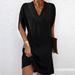 Women's Spring/Summer V-Neck Pleated Bat-Sleeve Dress_ecoleips.com