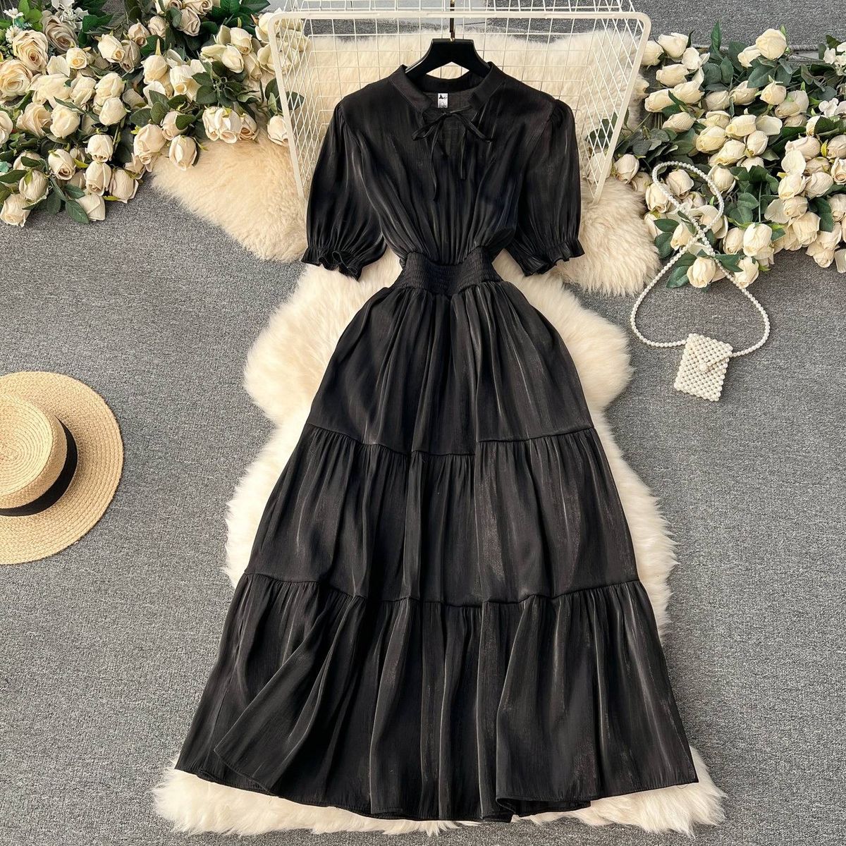 Women's Clothing Age Reducing Puff Sleeves Elastic Waist Slim Gentle Style High Quality Texture Long Skirt_ecoleips.com