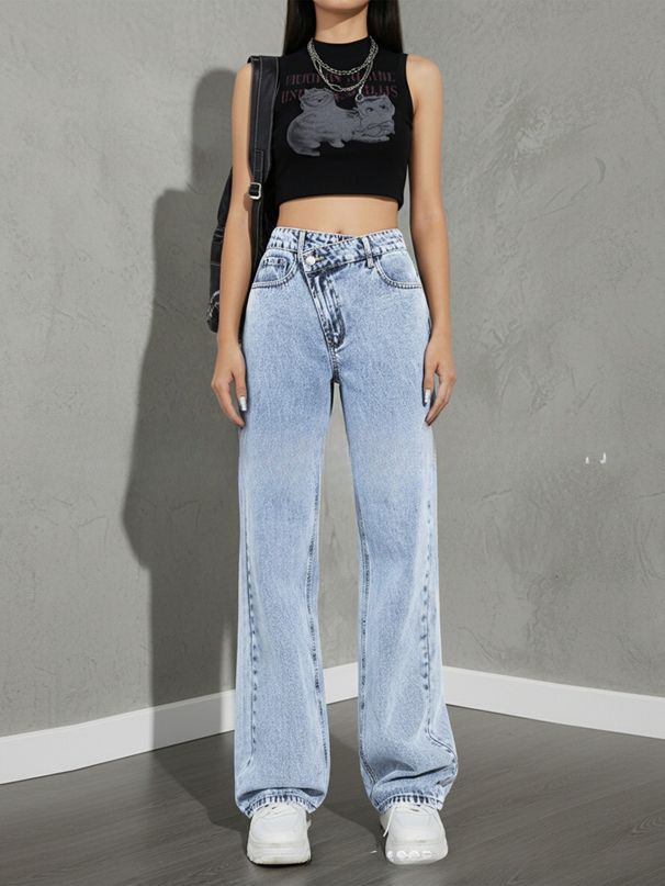 Classic Straight-Leg Jeans – Mid-Rise Washed Denim Pants – Casual & Office Wear_ecoleips.com