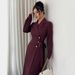 Elegant British Style Autumn Winter Dress For Women - Mid-Length Office Wear With Notched Collar & Button Detail (Available In S/M/L/XL, Dark Red)_ecoleips.com