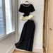 Women's Clothing European Style Beaded Round Neck T-Shirt Cinched Waist Flared Skirt Slimming Silhouette All Day Wear Sophisticated Pant Sets_ecoleips.com