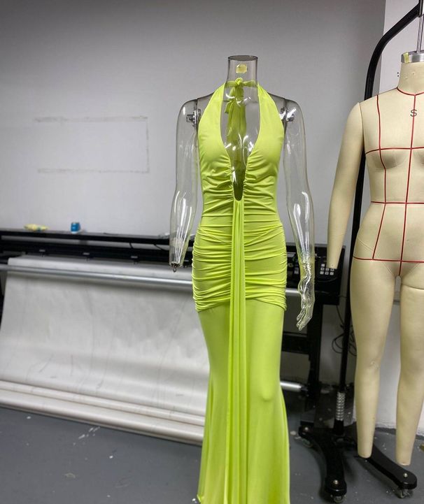 SDM156 Women's Deep V Neck Spaghetti Strap Long Dress Elegant Halter Neck Style High Quality Export Product_ecoleips.com