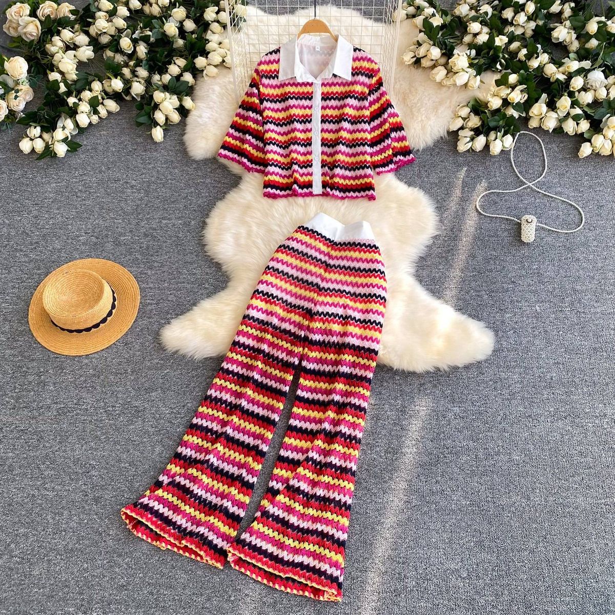 Women's Relaxed Striped Knit Top And Wide Leg Pants Two-Piece Set Fashionable Summer Outfit_ecoleips.com
