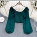 V-Neck Ruffle Detail Blouse With Puff Sleeves – Elegant Cropped Top For Women, Breathable Stretch Fabric, Perfect For Spring Layering_ecoleips.com