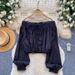 Women's Off-Shoulder Long Sleeve Blouse Tie Waist Lace Trim Cropped Top Stylish Subtle Design Autumn Fashion_ecoleips.com