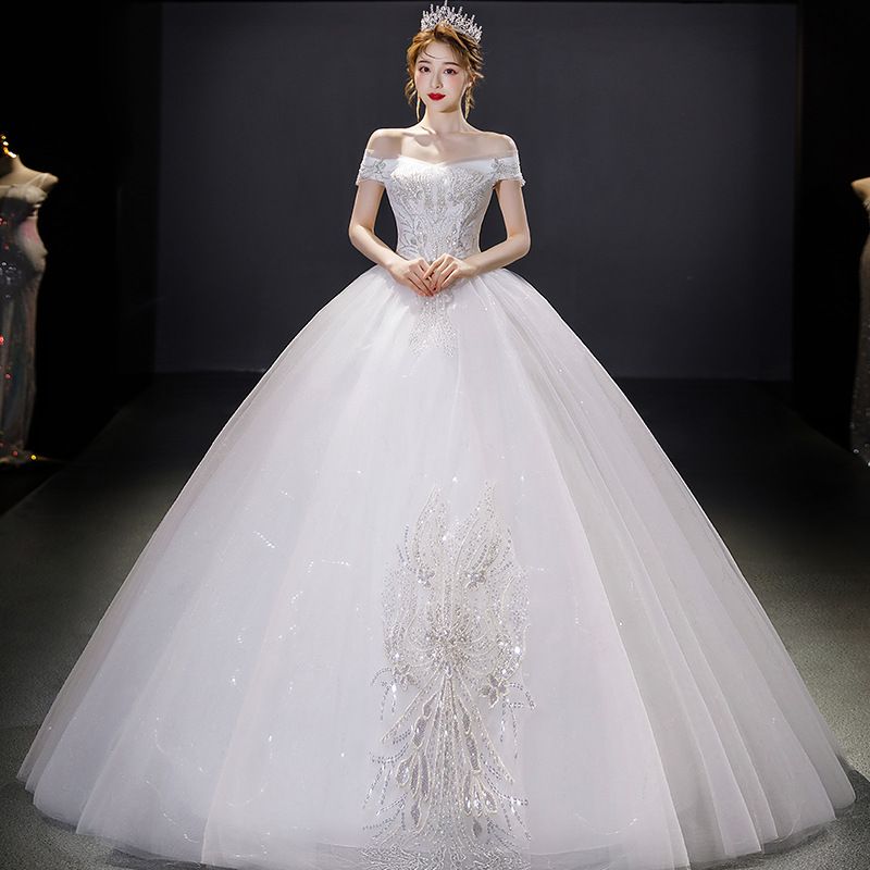 Fairycore Off-Shoulder Wedding Dress Ethereal Princess Ball Gown With Floral Lace & Tulle Skirt (Breathable Polyester Silhouette,For Garden Weddings)_ecoleips.com