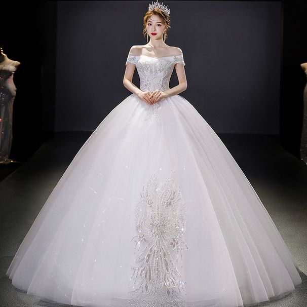 Fairycore Off-Shoulder Wedding Dress Ethereal Princess Ball Gown With Floral Lace & Tulle Skirt (Breathable Polyester Silhouette,For Garden Weddings)_ecoleips.com