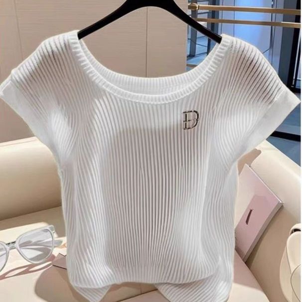Women's Clothing Summer Fashion New Style Light Luxury High End Stylish Beautiful White Straight Shoulder Slim Short Sleeved Knitted Tops For Women_ecoleips.com