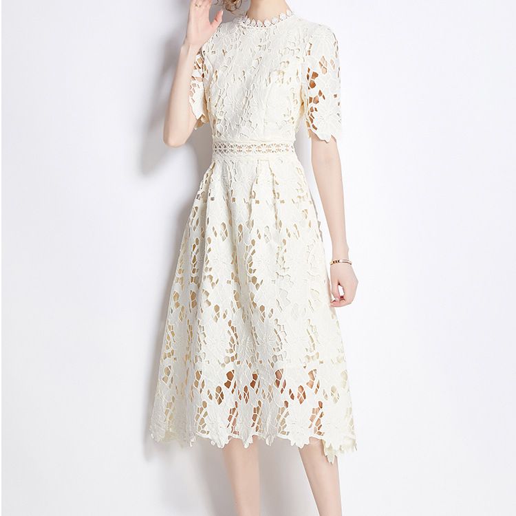 Women's Heavy Duty Water Soluble Lace Hollow Out Textured Mid Length Solid Color Evening Resort Dress New Style_ecoleips.com