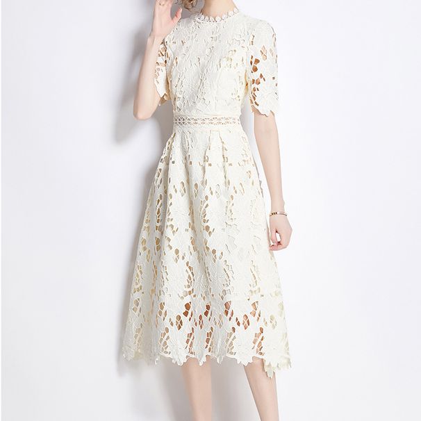 Women's Heavy Duty Water Soluble Lace Hollow Out Textured Mid Length Solid Color Evening Resort Dress New Style_ecoleips.com