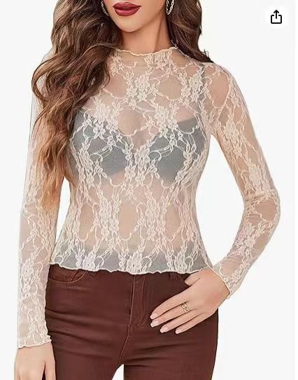 Women's Clothing Tops Long Sleeve Stand Up Collar Transparent Shirt See Through Floral Lace Tops Have Real Shot_ecoleips.com