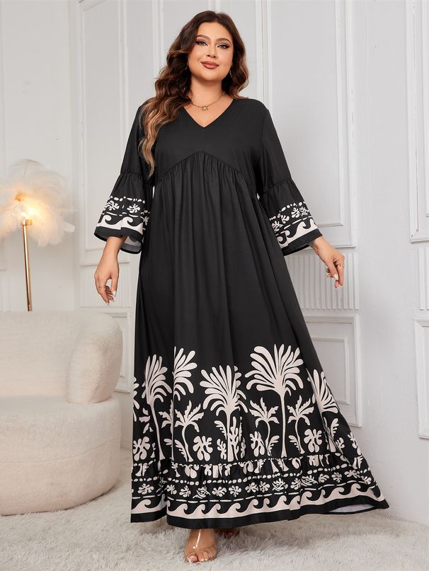 Aria Basics Aria Basics Cross-Border New Bell Sleeve Loose European And American Elegant Style V-Neck Printed Long Dress For Women_ecoleips.com