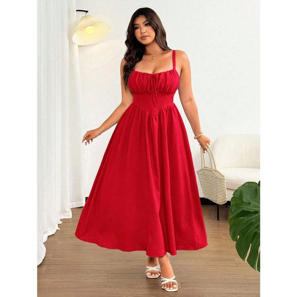 Large Size Red Suspender Dress Drawstring Lace Waist Fat Mm Thin Temperament Holiday Dress_ecoleips.com