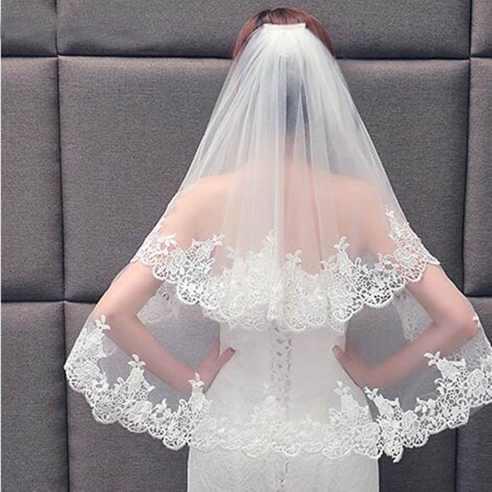 Bridal Veil With Lace Edging – Double-Layer Short Wedding Veil (60-80cm, 4 Colors) Adjustable Comb Clip_ecoleips.com