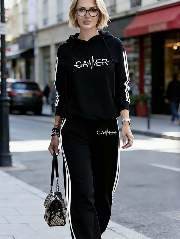 Women's Sports Style Comfortable Heartbeat Striped Hoodie And Pants Set Loose Fit with Side Stripes 2043 Print_ecoleips.com