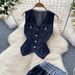 Women's Clothing V Neck Sleeveless Single Breasted Top Two Piece Suit Casual Wide Leg Trousers_ecoleips.com