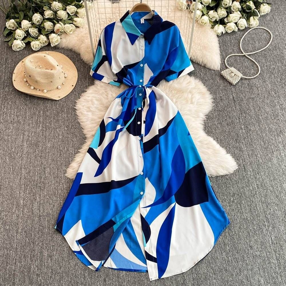 Women's Clothing Printed Short Sleeved Dress Autumn Polo Collar Tie Wrap Waist Design Niche And Unique Temperament Long Dress_ecoleips.com