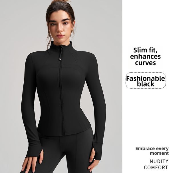 Women's Clothing Slim Fit Yoga Top Long Sleeve Stand Collar Finger Cots Sophisticated Feel Polyester Sports Sweatshirt_ecoleips.com