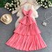 Women's French Style V-Neck Slip Dress Elegant Hollow Out Waist Cinching Slimming Pleated Long Skirt For Casual Elegant Fashion_ecoleips.com