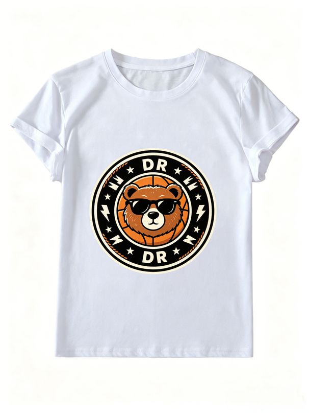 Women Crew Neck Short Sleeve T Shirt DR Circle Sunglasses Basketball Bear Badge Graphic Tee Retro Sport Hip Hop Loose Casual Streetwear Tops_ecoleips.com