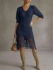 Navy Blue V Neck Chiffon Lantern Sleeve Pit Rib Knit Fringe Mini Dress, Loose Lightweight Breathable Soft Skin-touch Bodycon Midi Dress_ecoleips.com