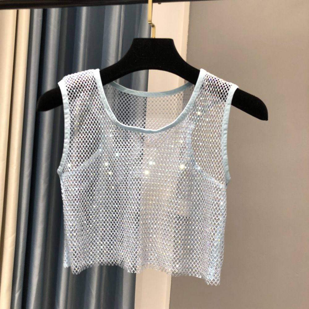 Crystal Mesh Halter Top – Rhinestone Embellished Cropped Bustier, Shiny Waist-Cut Lace-Up Sexy Blouse (White, Black, Pink, Light Blue)_ecoleips.com