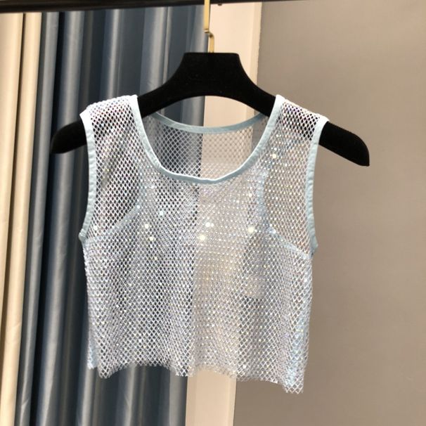 Crystal Mesh Halter Top – Rhinestone Embellished Cropped Bustier, Shiny Waist-Cut Lace-Up Sexy Blouse (White, Black, Pink, Light Blue)_ecoleips.com
