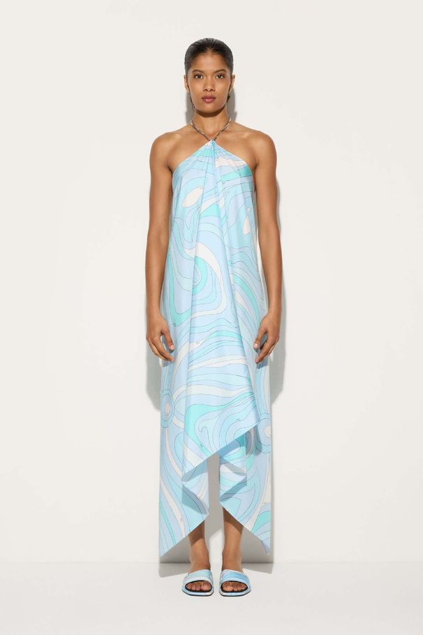 New Printed Satin Minimalist Halter Neck Long Dress For Women Irregular Design_ecoleips.com