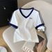 Women's Clothing Summer New Design V Neck Contrast Color Short Sleeved T Shirt Ice Silk Knit Sweater Tops For Women_ecoleips.com