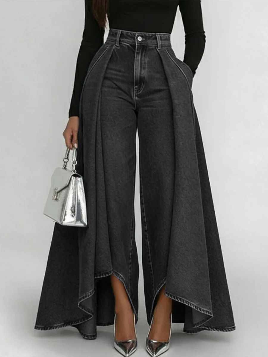 High Waisted Wide Leg Jeans Loose Fit Solid Color Whiskers Washed Three Dimensional Pleats Women's Bottoms_ecoleips.com